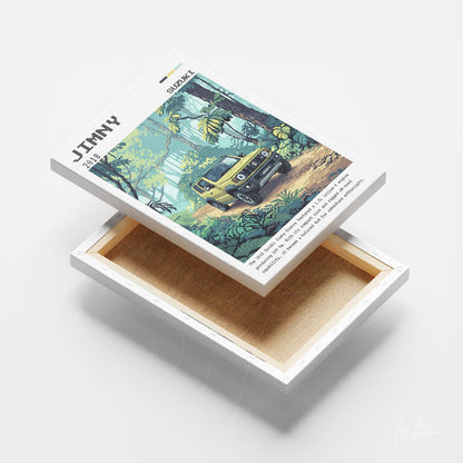 quadro em canvas com ilustração retrô de um carro Suzuki Jimny em uma floresta tropical, com moldura branca