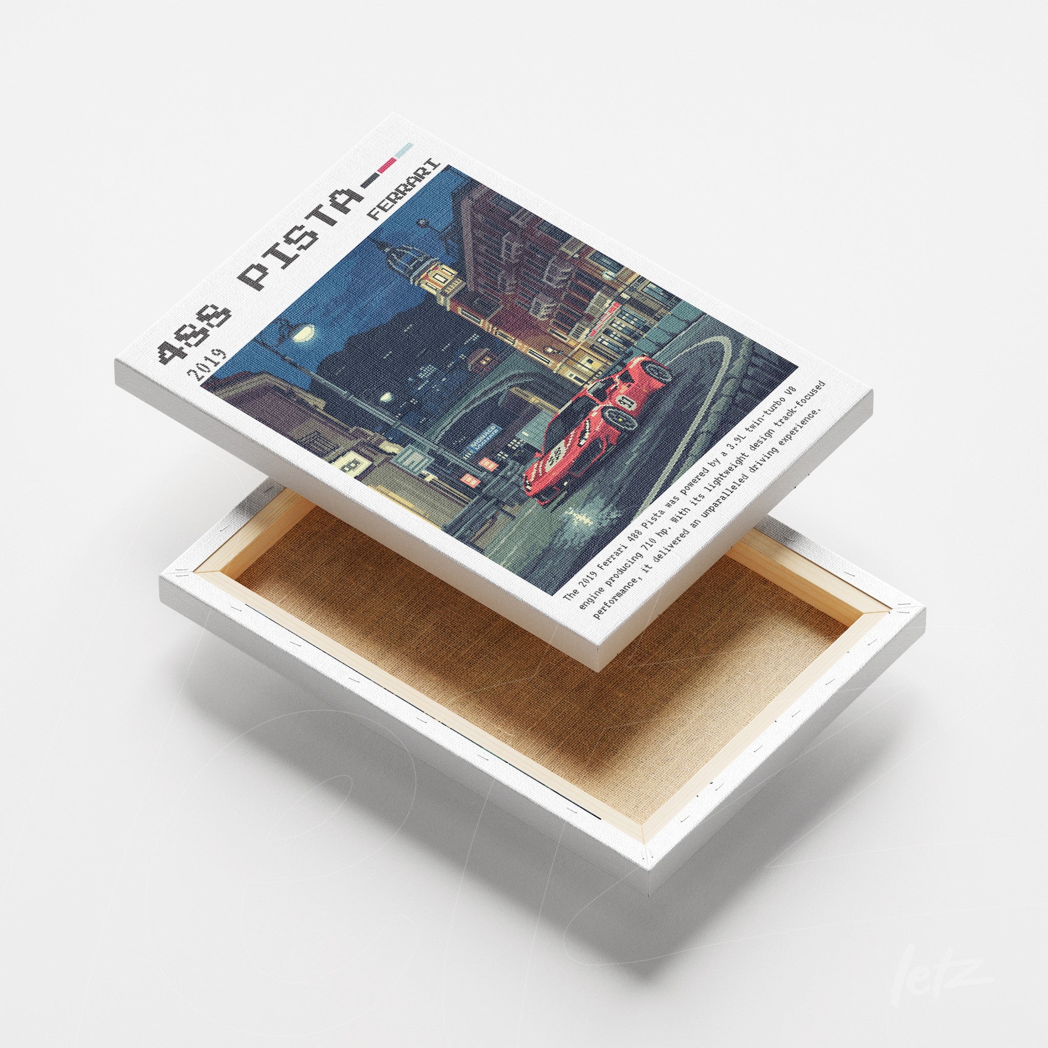 quadro em canvas com ilustração vintage de um carro esportivo vermelho em uma rua noturna iluminada, moldura branca