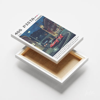 quadro em canvas com ilustração vintage de um carro esportivo vermelho em uma rua noturna iluminada, moldura branca