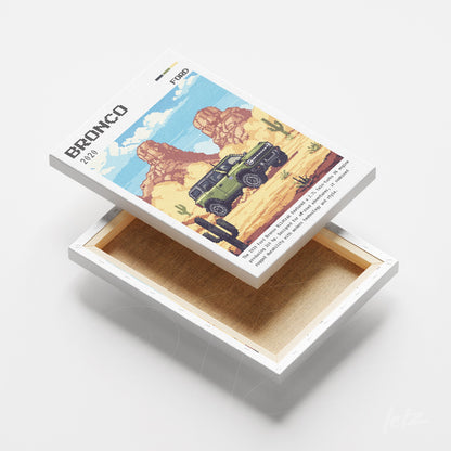 quadro em canvas com design retrô de um veículo Bronco em um deserto com montanhas ao fundo