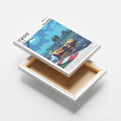 quadro em canvas com imagem de carro esportivo em pista de corrida, moldura branca