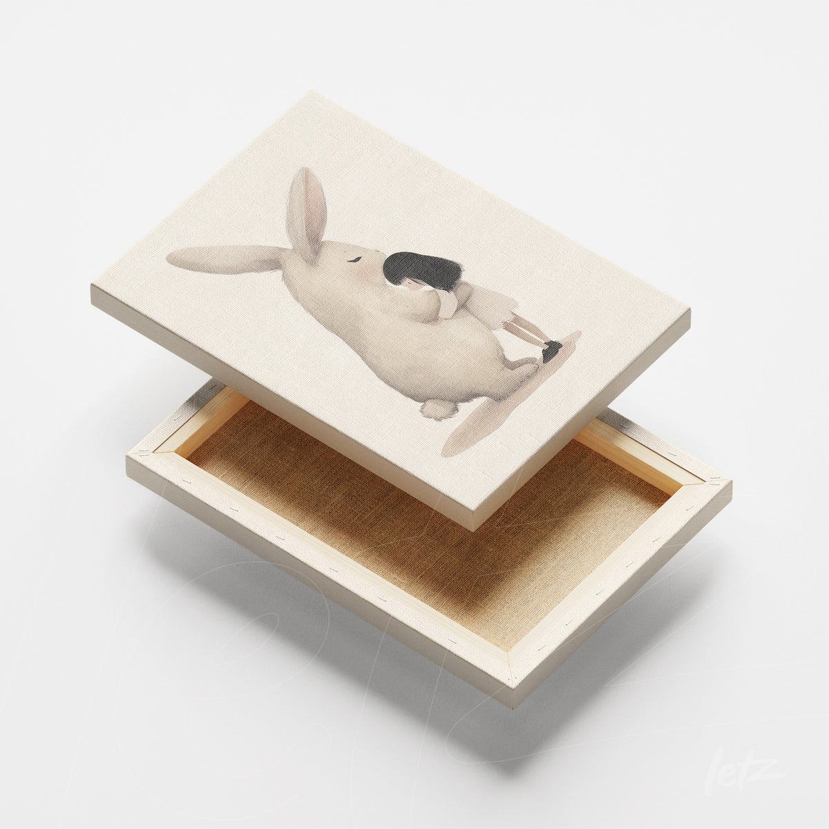quadro em canvas com ilustração de coelho segurando um copo em fundo claro