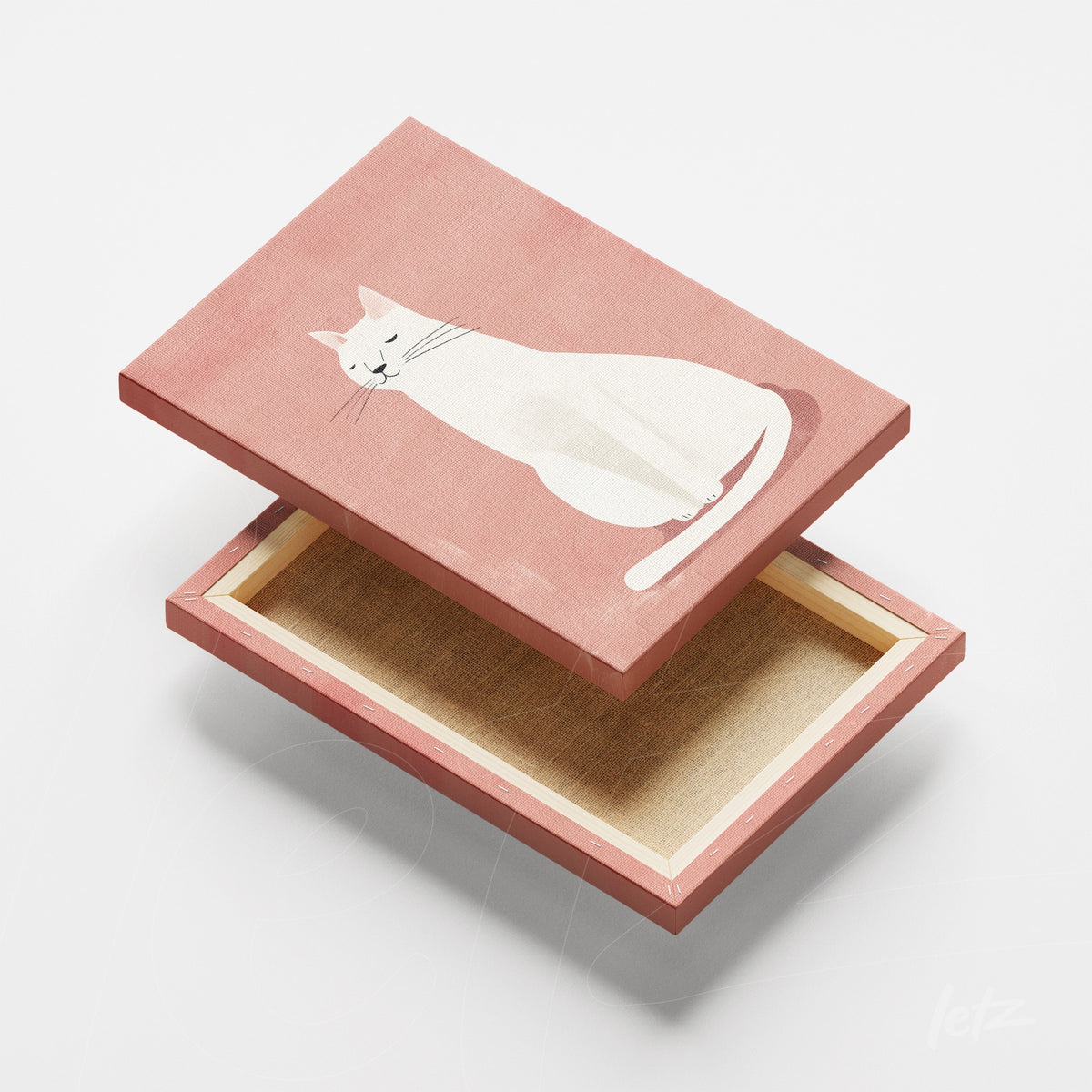 caixa decorativa com ilustração minimalista de gato branco sobre fundo rosa