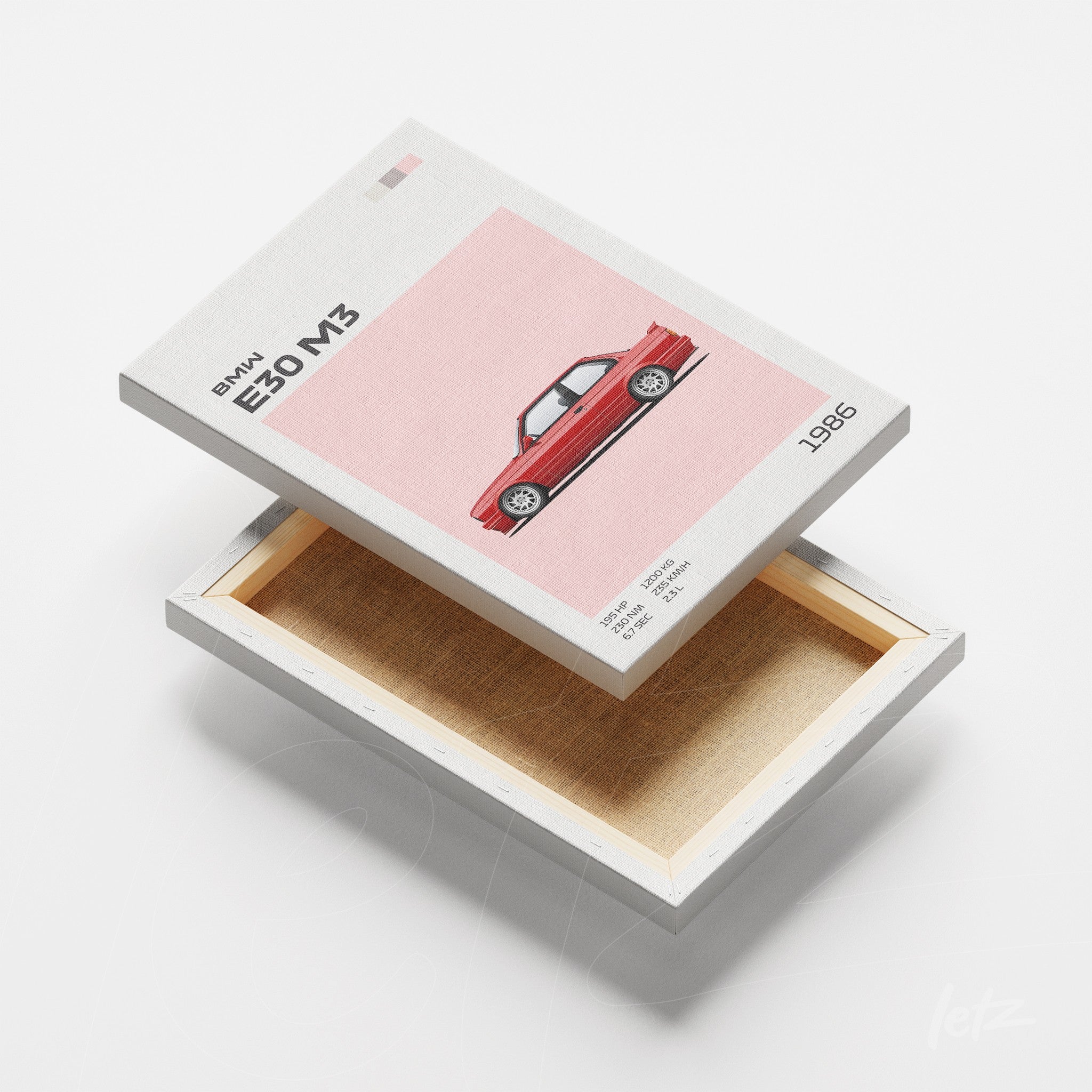 quadro em tela com ilustração de carro BMW E30 M3 na cor vermelha com fundo rosa