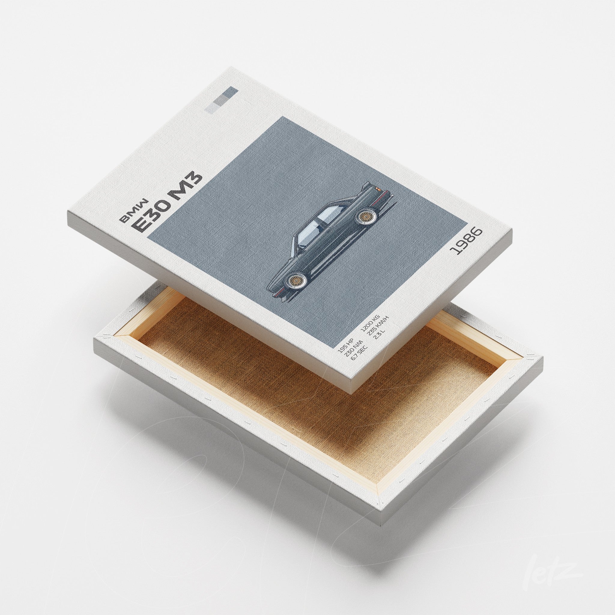 quadro em canvas com ilustração da BMW E30 M3 de 1986, apresentando fundo cinza e moldura branca