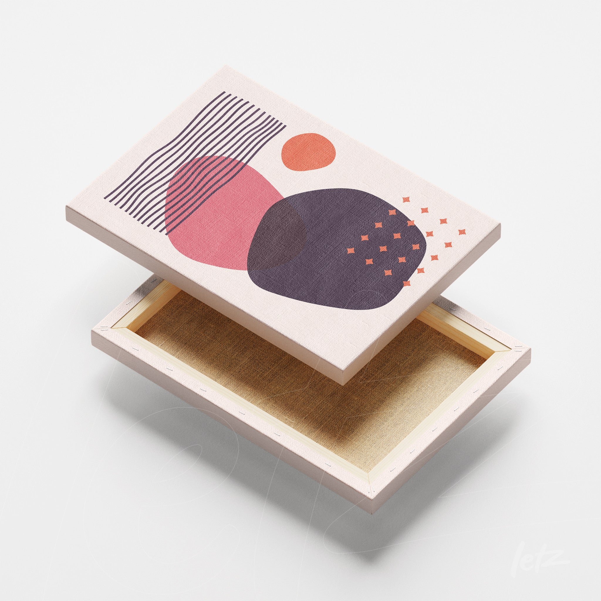 quadro em canvas com arte abstrata de formas geométricas em tons de rosa, laranja e roxo sobre fundo branco