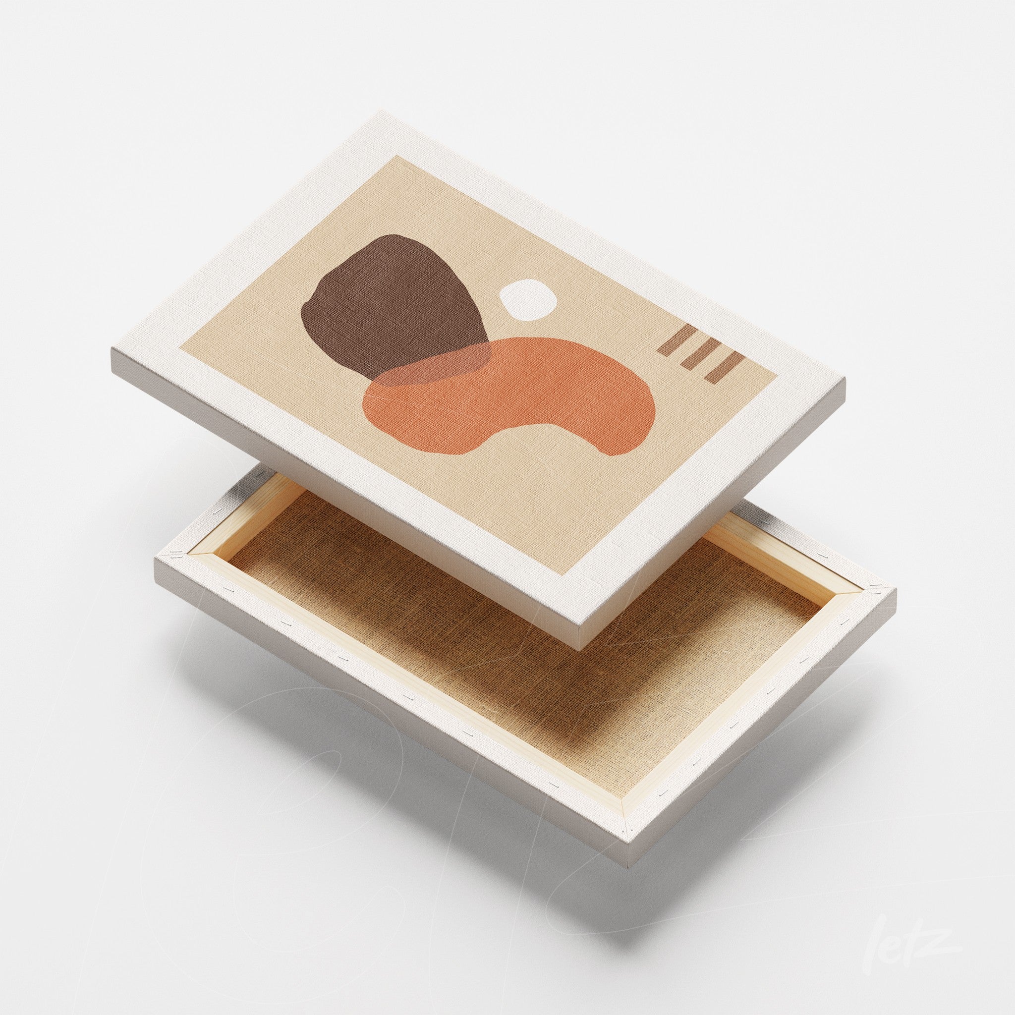 quadro em canvas com arte abstrata em tons terrosos e formas orgânicas sobre superfície clara