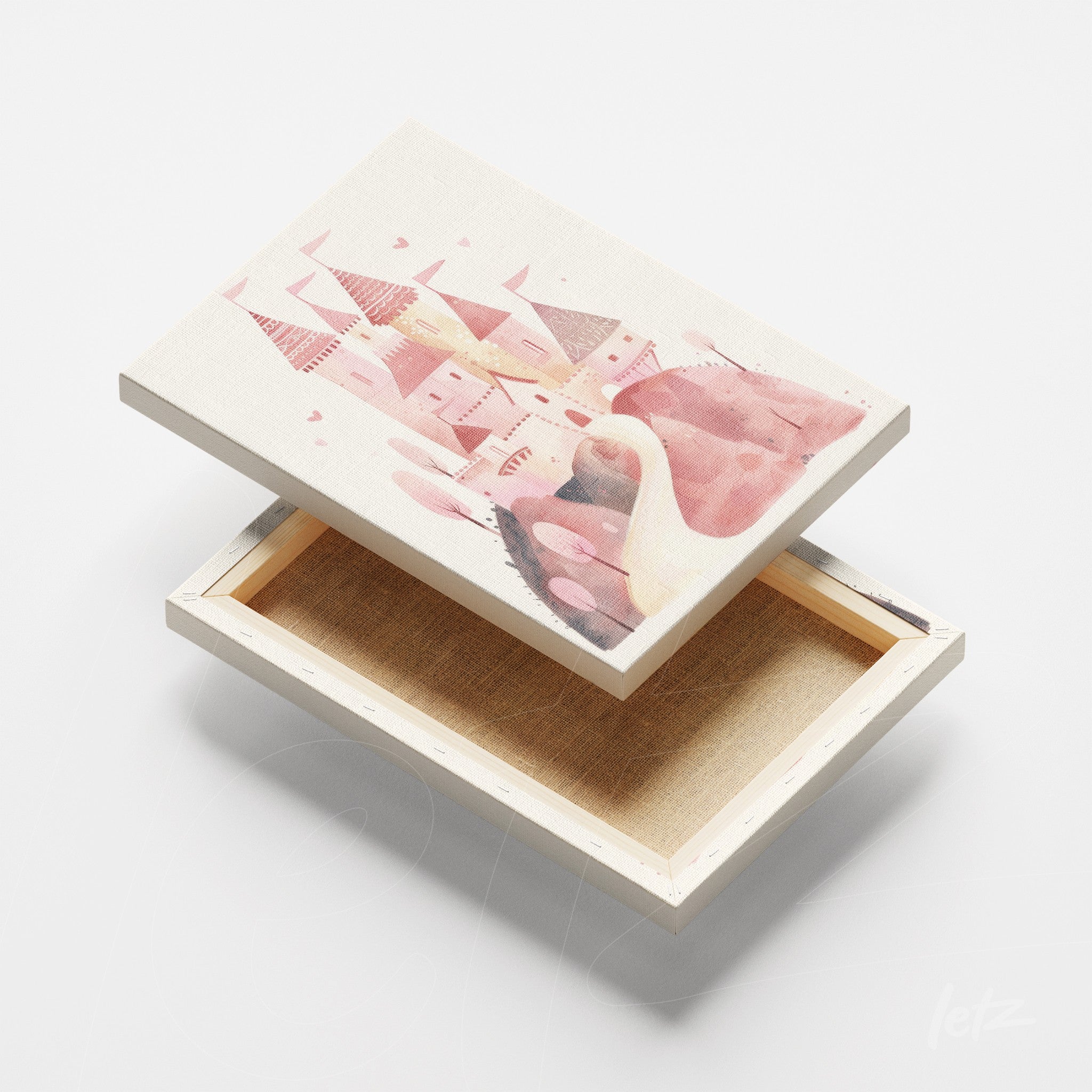 quadro canvas com arte em aquarela de castelos em tons de rosa sobre fundo claro