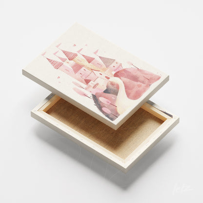 quadro canvas com arte em aquarela de castelos em tons de rosa sobre fundo claro