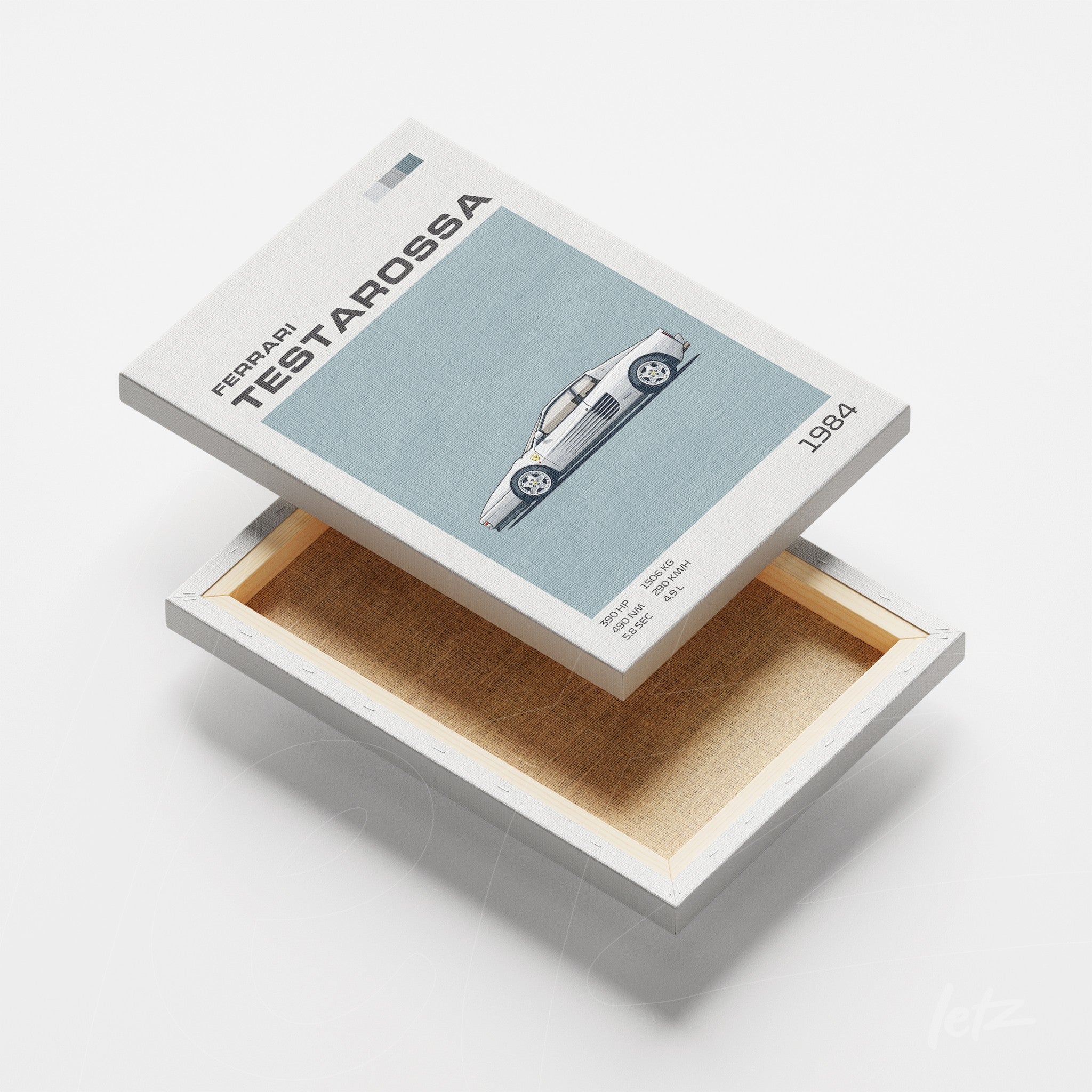 quadro em canvas com ilustração vintage do carro Ferrari Testarossa de 1984 sobre fundo azul claro