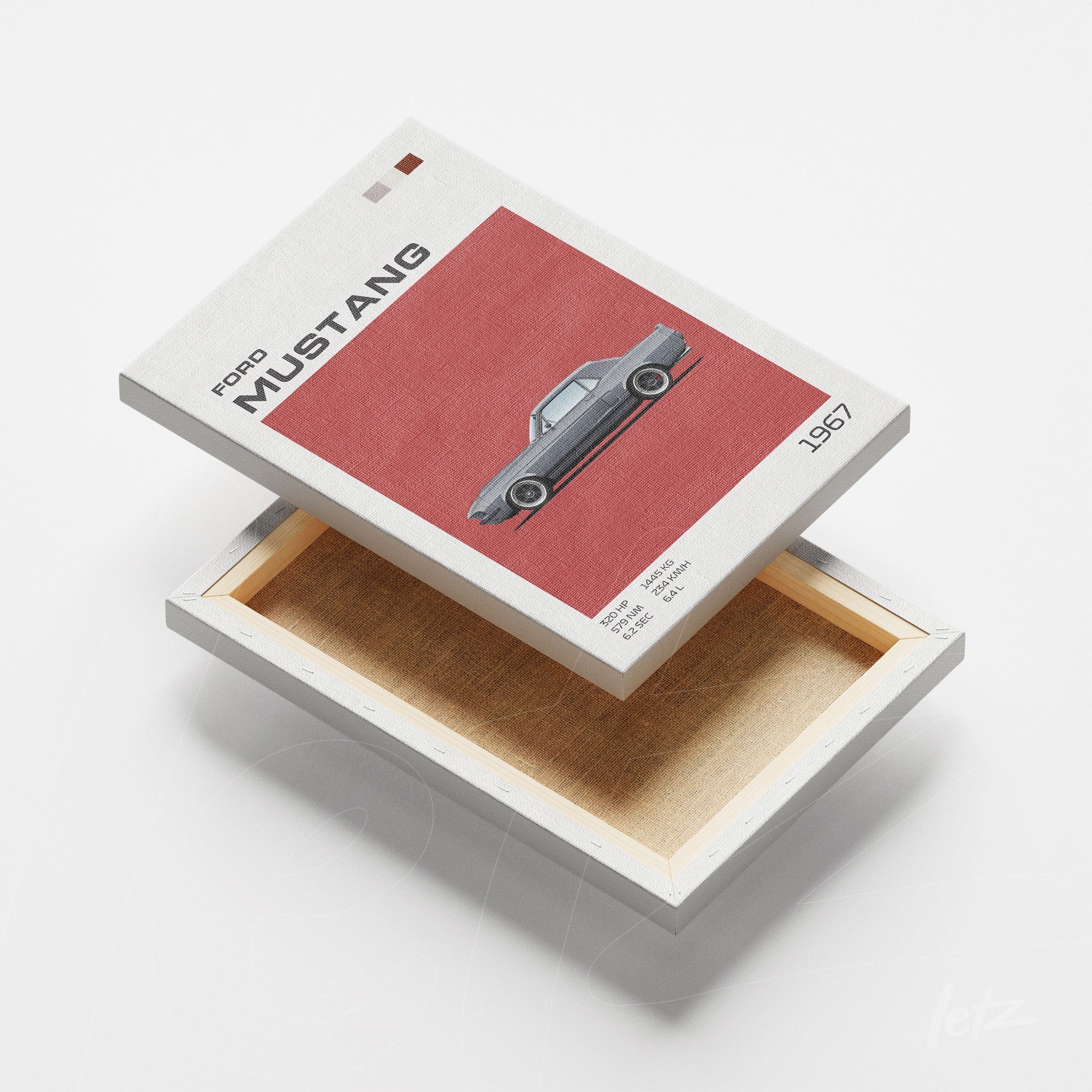 quadro em canvas com ilustração vintage do carro Ford Mustang de 1967, fundo vermelho e moldura branca