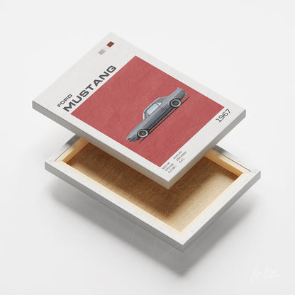 quadro em canvas com ilustração vintage do carro Ford Mustang de 1967, fundo vermelho e moldura branca