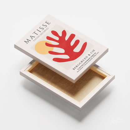 quadro em canvas com arte moderna de folha vermelha e círculo amarelo sobre fundo claro