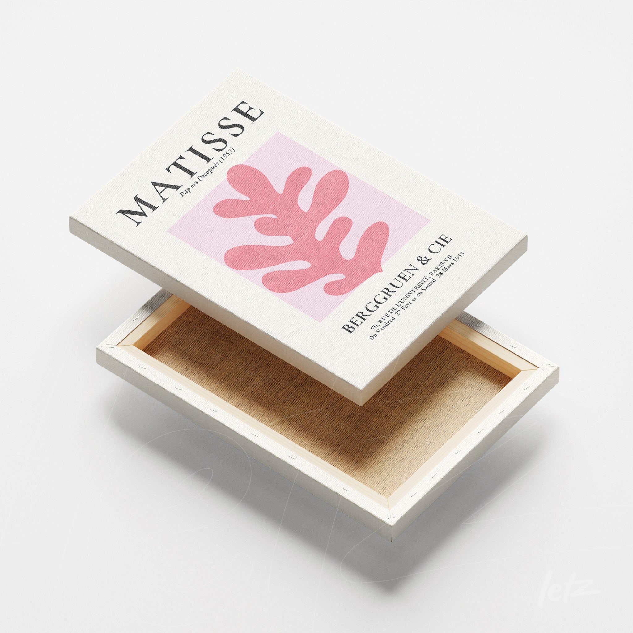 canvas com arte abstrata de folhagem em tons de rosa sobre fundo claro, moldura branca