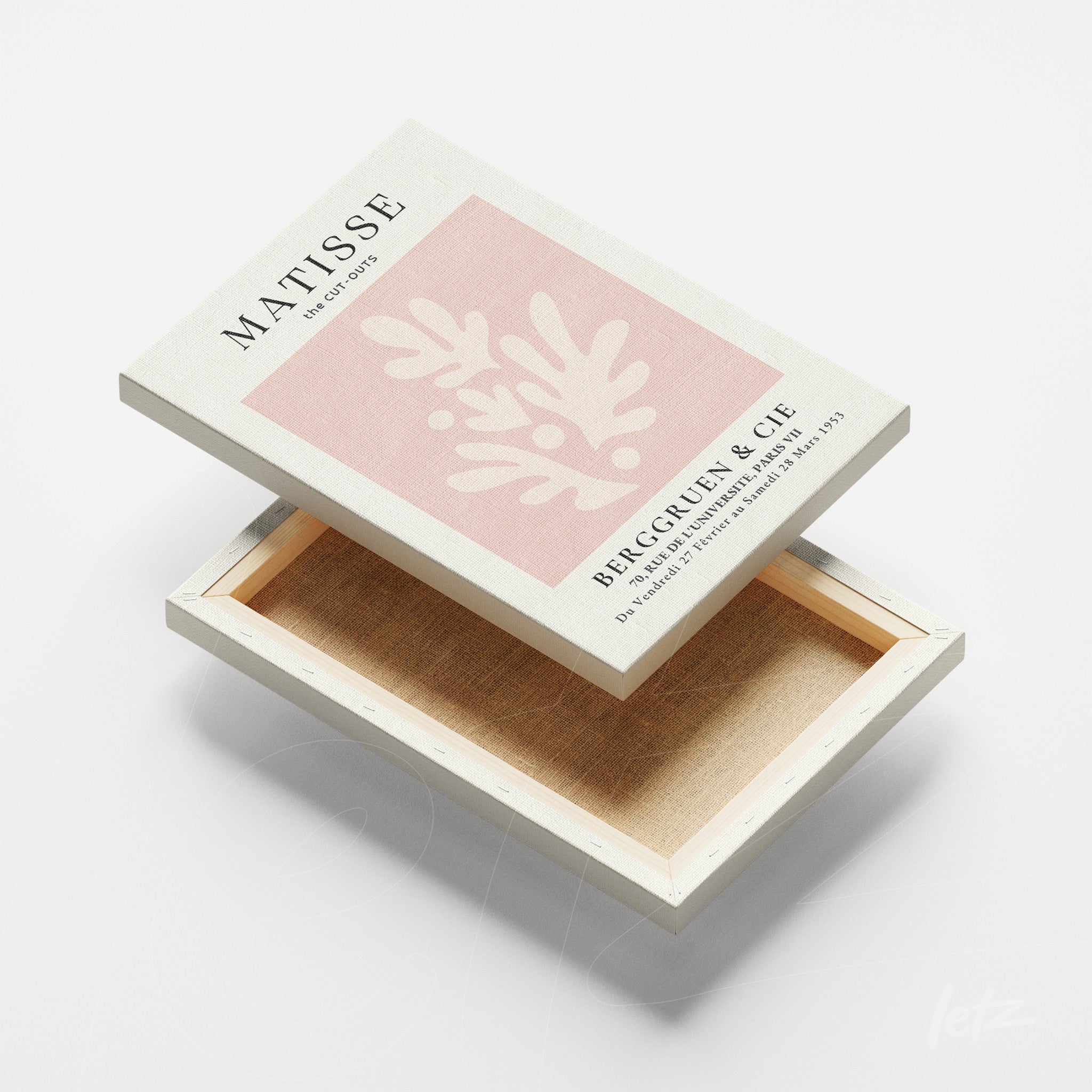 quadro em canvas com arte moderna em fundo rosa claro, moldura branca e textura suave