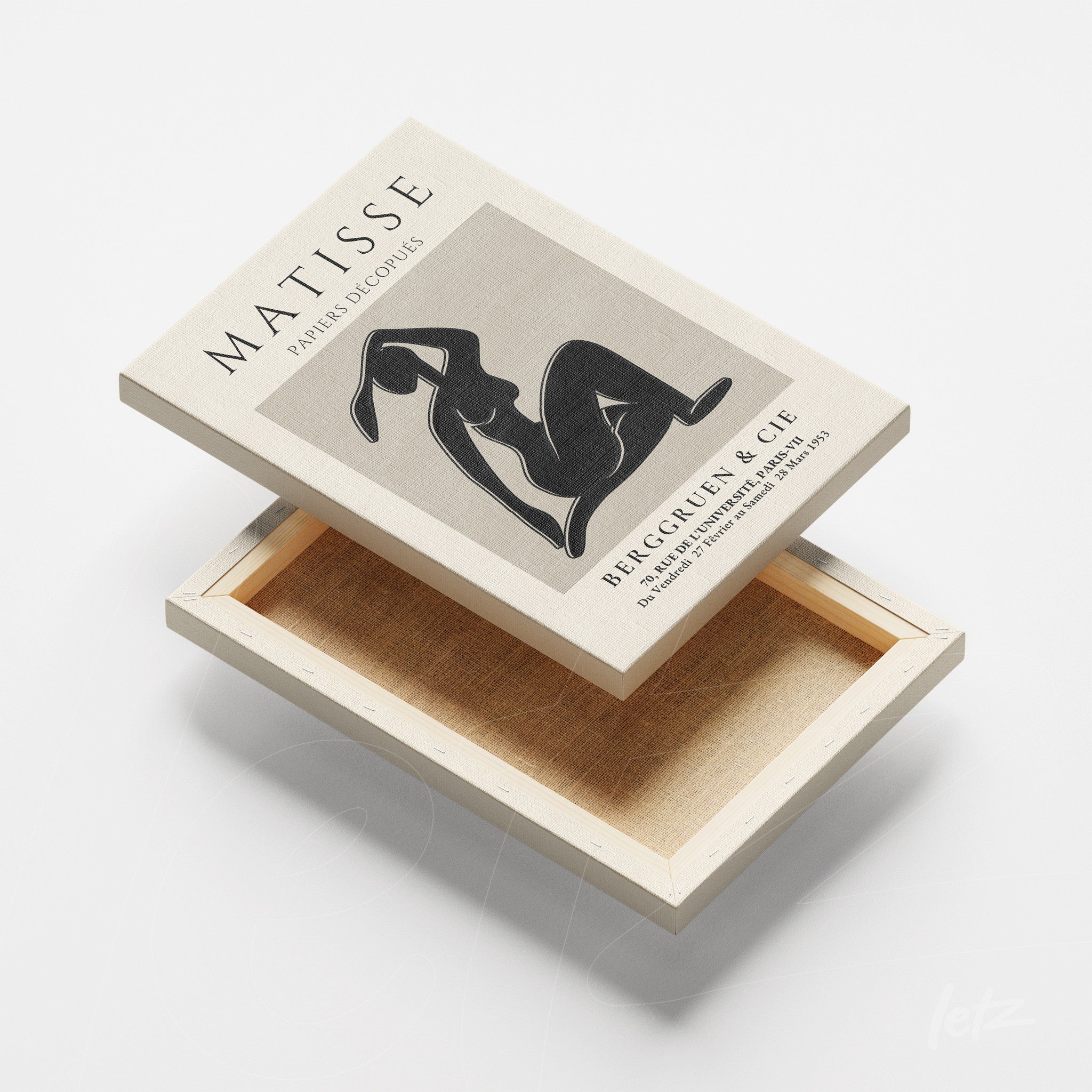 quadro com arte de nudes em estilo minimalista, moldura branca e fundo claro, livro aberto sobre arte de Matisse