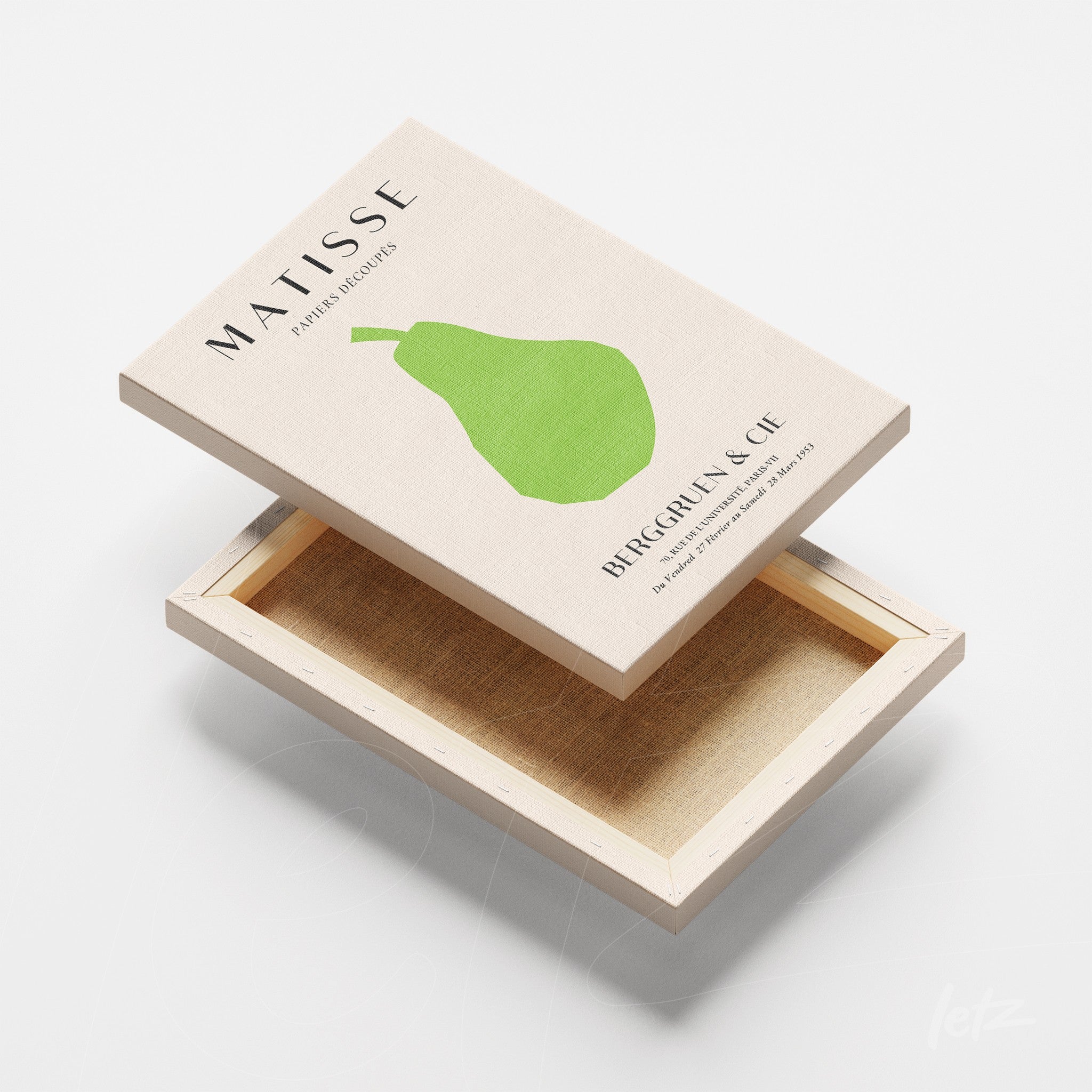 quadro em canvas com ilustração estilizada de uma pêra verde sobre fundo claro, simulação de embalagem aberta