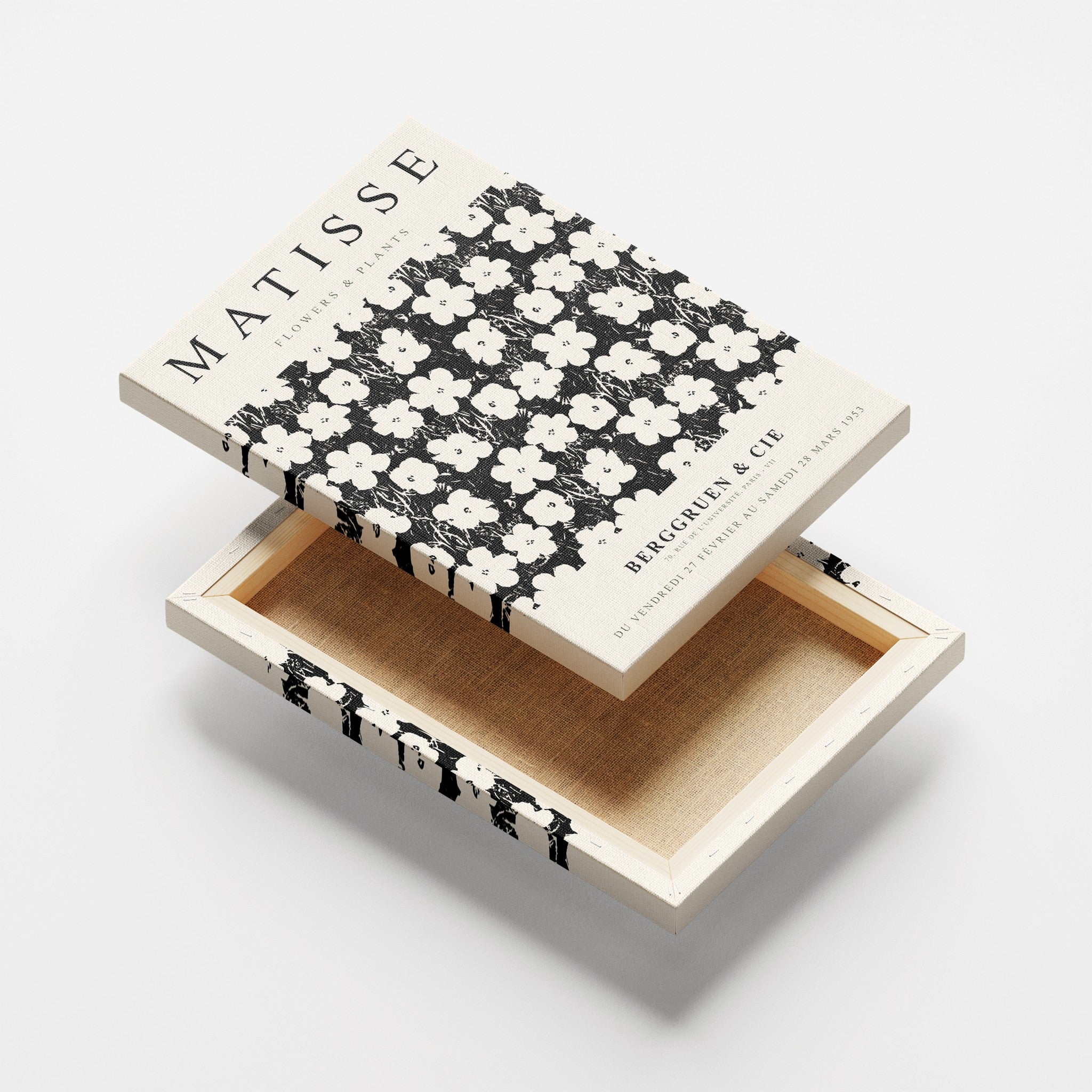 caixa decorativa com design floral em preto e branco inspirada na obra de Matisse