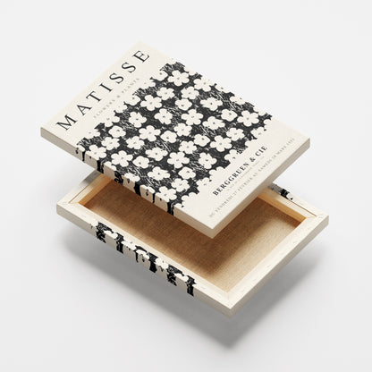 caixa decorativa com design floral em preto e branco inspirada na obra de Matisse