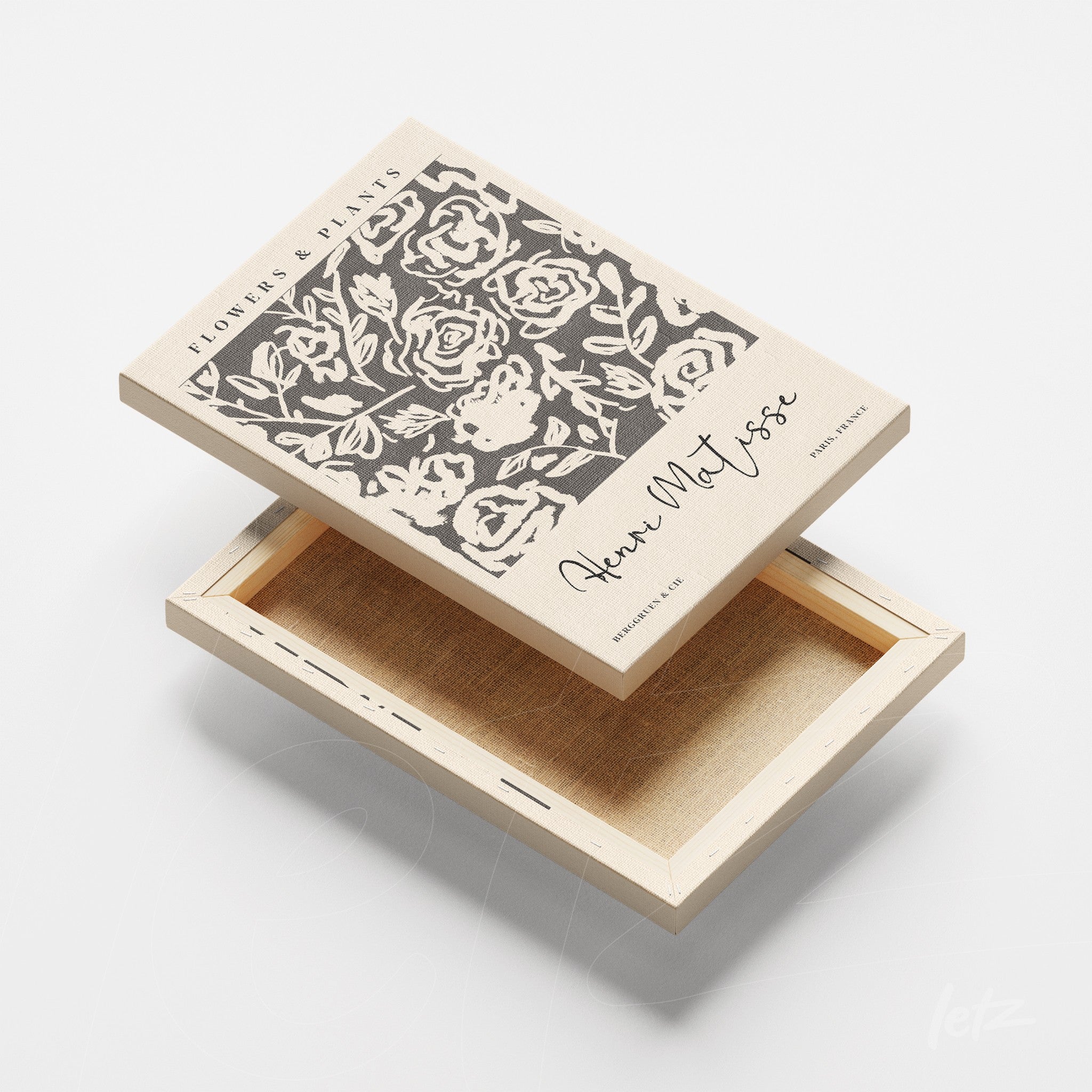 quadro em canvas com ilustração de flores em estilo artístico preto e branco e moldura clara