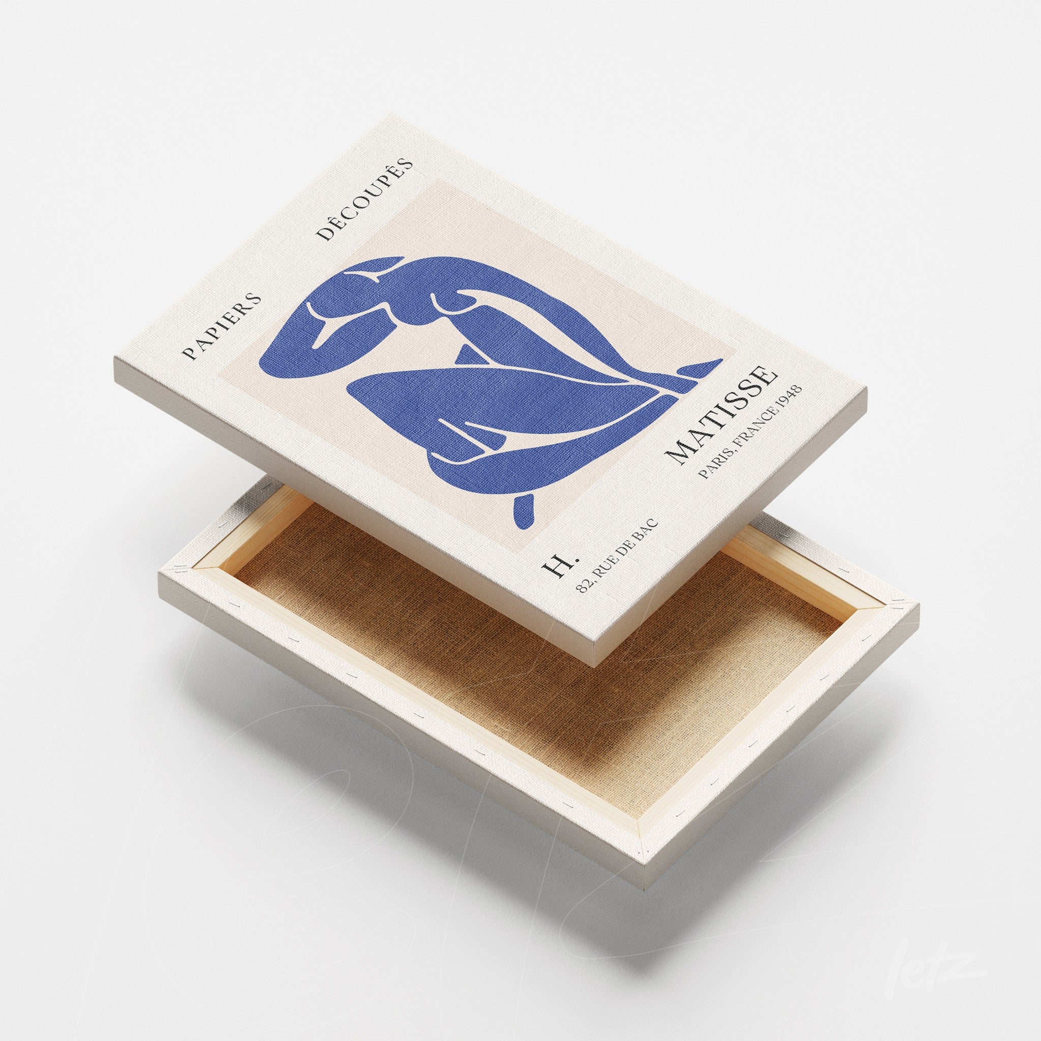 quadro em canvas com arte do nu feminino em azul sobre fundo claro, moldura branca