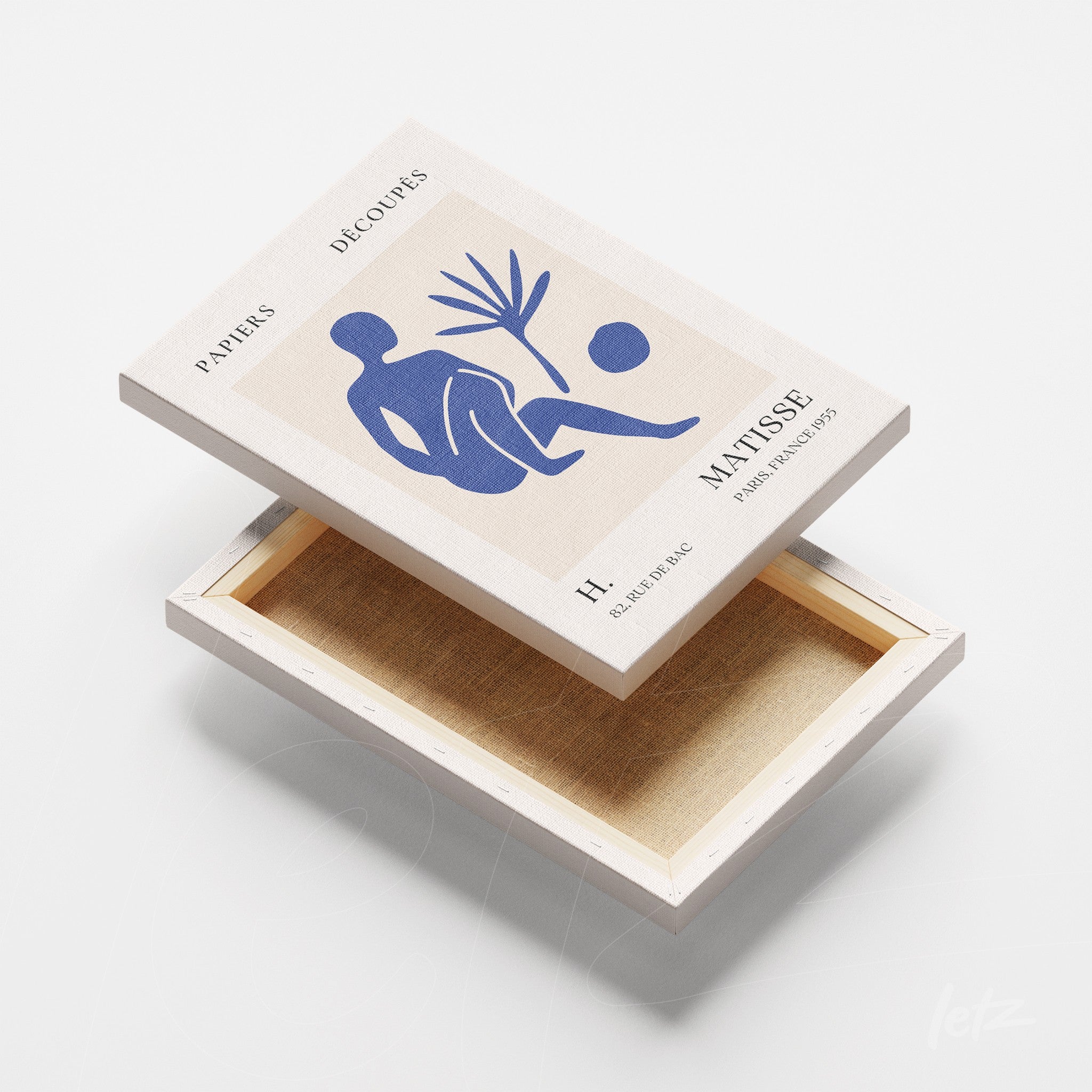 caixa com arte de recortes de Matisse em fundo claro, exibindo silhueta estilizada de figura e planta