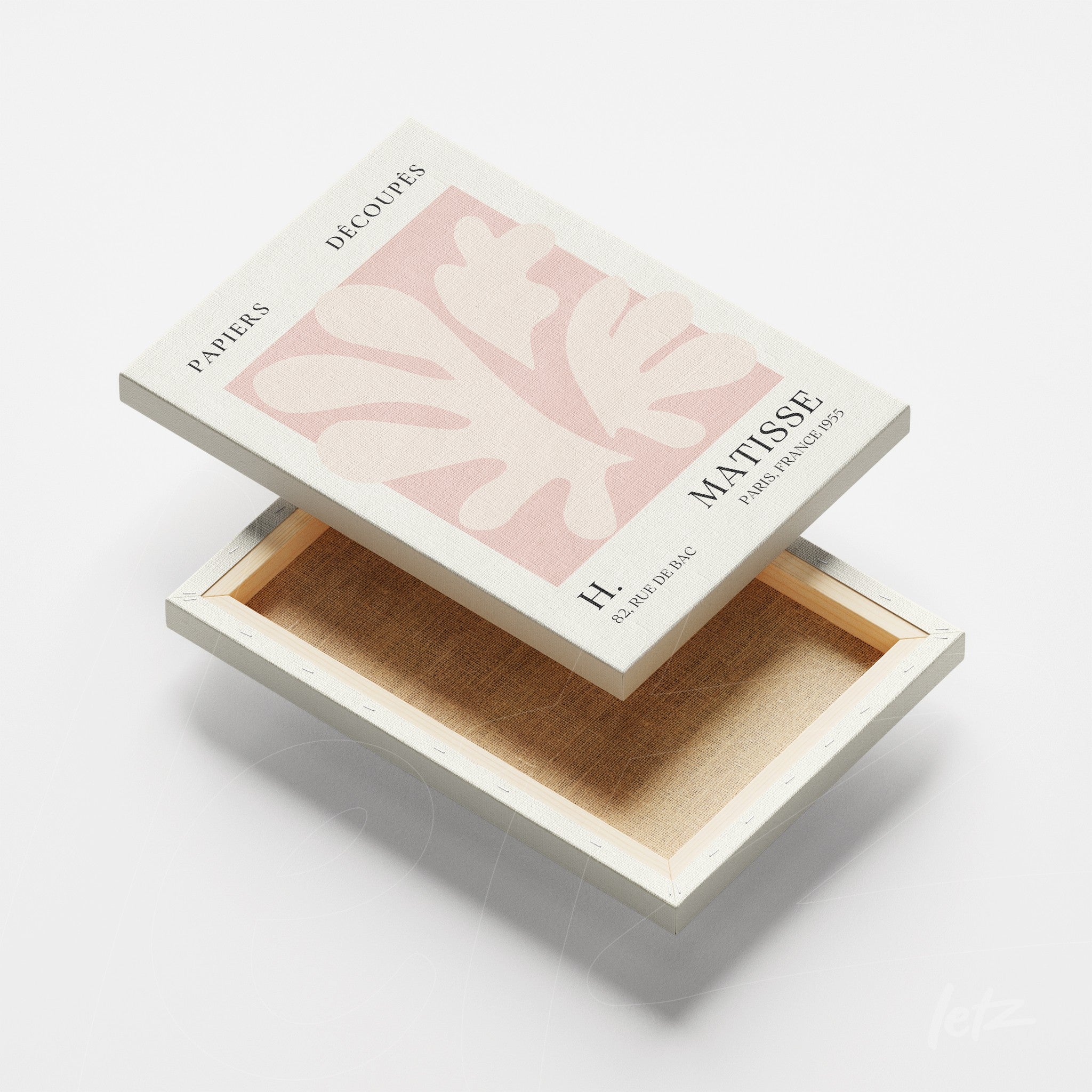 quadro em canvas com arte moderna em tons de rosa inspirado nas obras de Matisse, moldura branca, com fundo natural