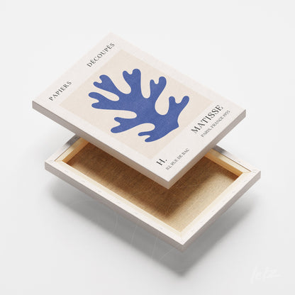 caixa decorativa com arte abstrata de coral azul em fundo claro e detalhes em texto