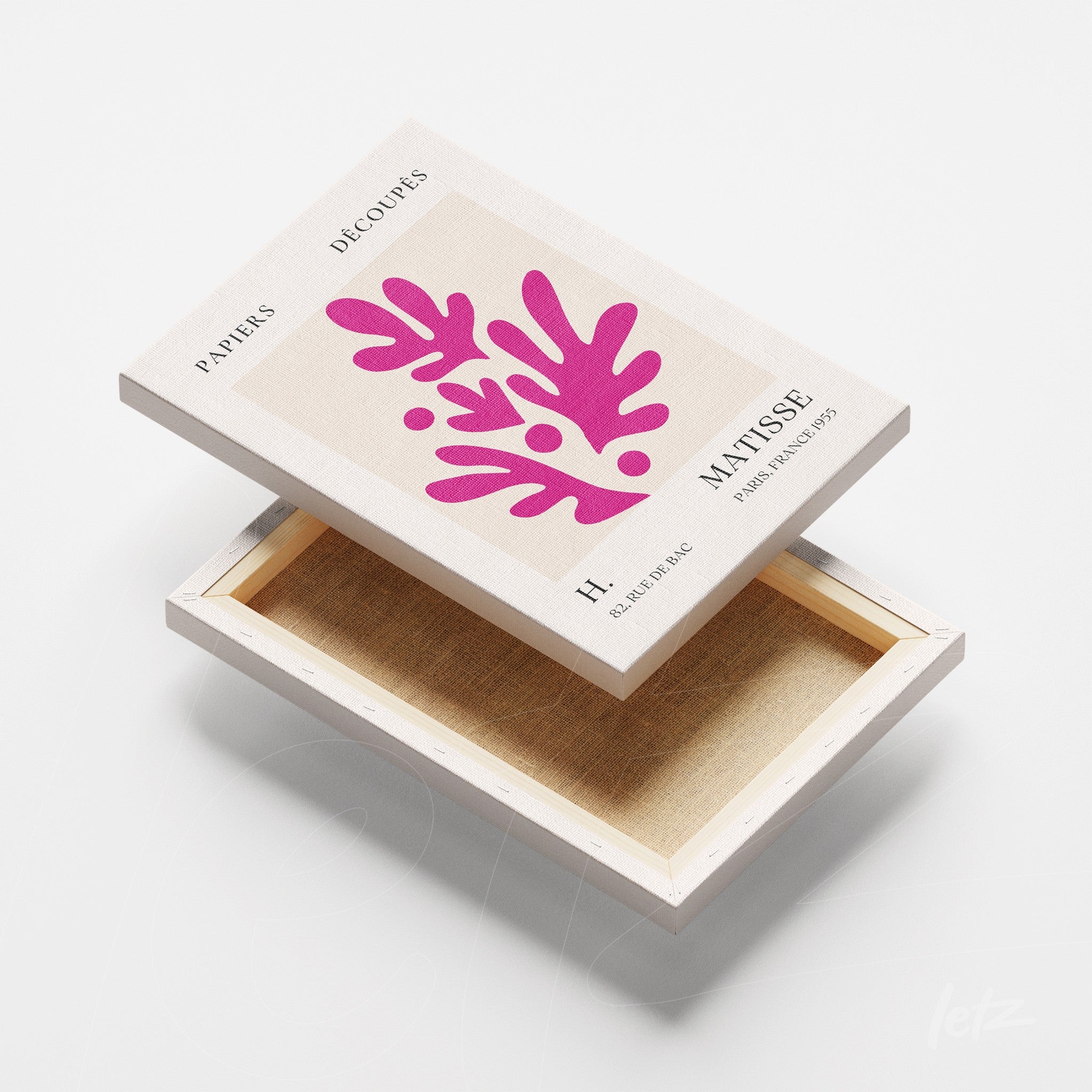 caixa de armazenamento aberta com design inspirado em Henri Matisse, detalhes em rosa vibrante e fundo claro