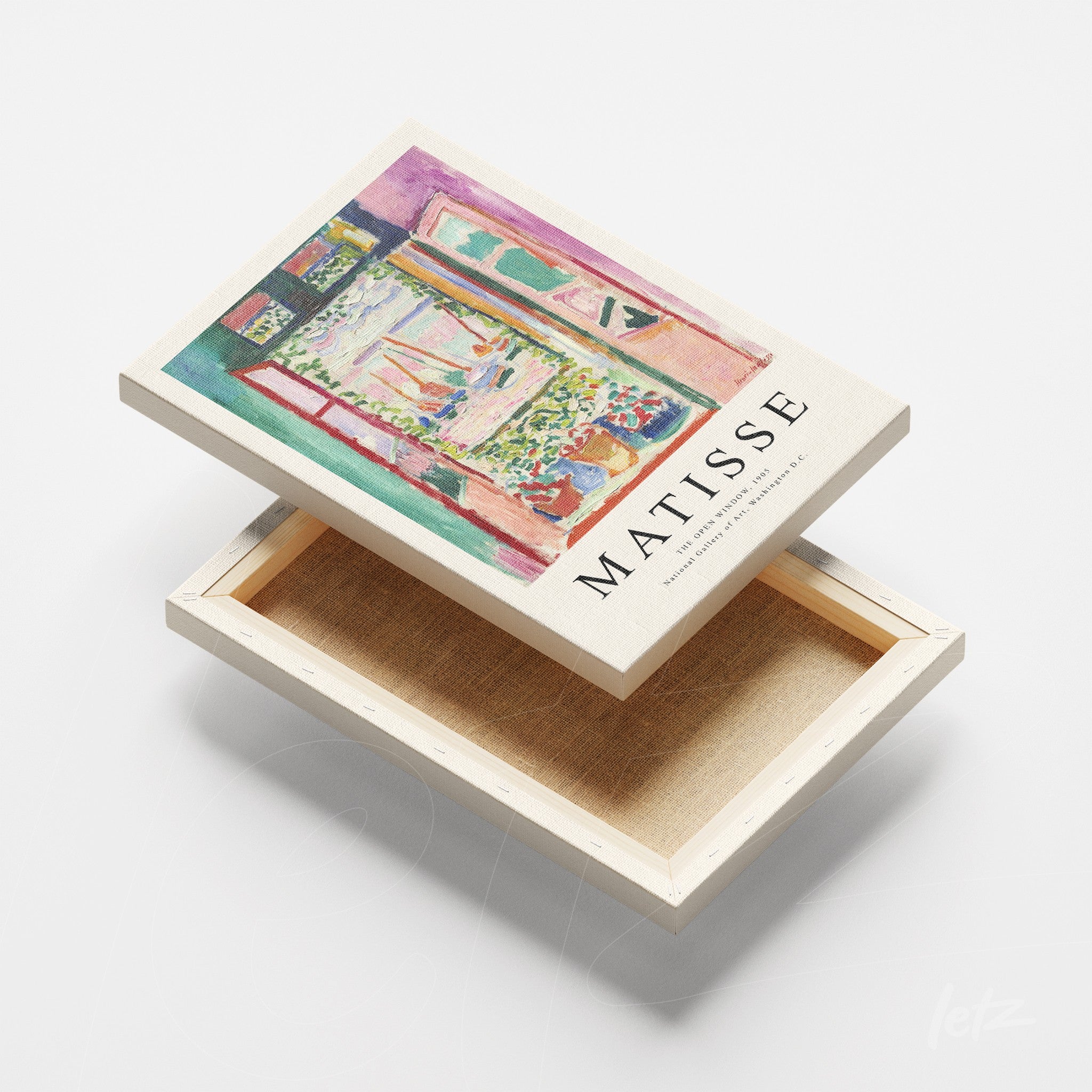 quadro em canvas com arte colorida inspirada em Matisse, apresentando uma cena vibrante de uma janela aberta