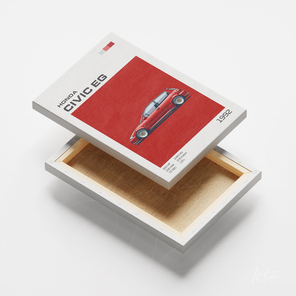 quadro em canvas com ilustração estilizada do carro Honda Civic EG em fundo vermelho