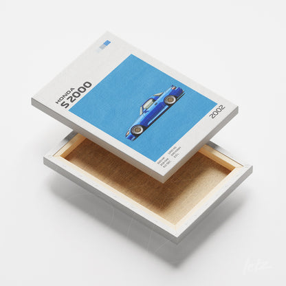 quadro em canvas com ilustração de carro Honda S2000 em fundo azul e moldura branca
