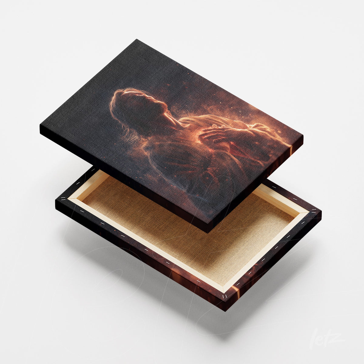 quadro em canvas com arte etérea apresentando uma figura humana envolta em luz, exposto sobre fundo claro