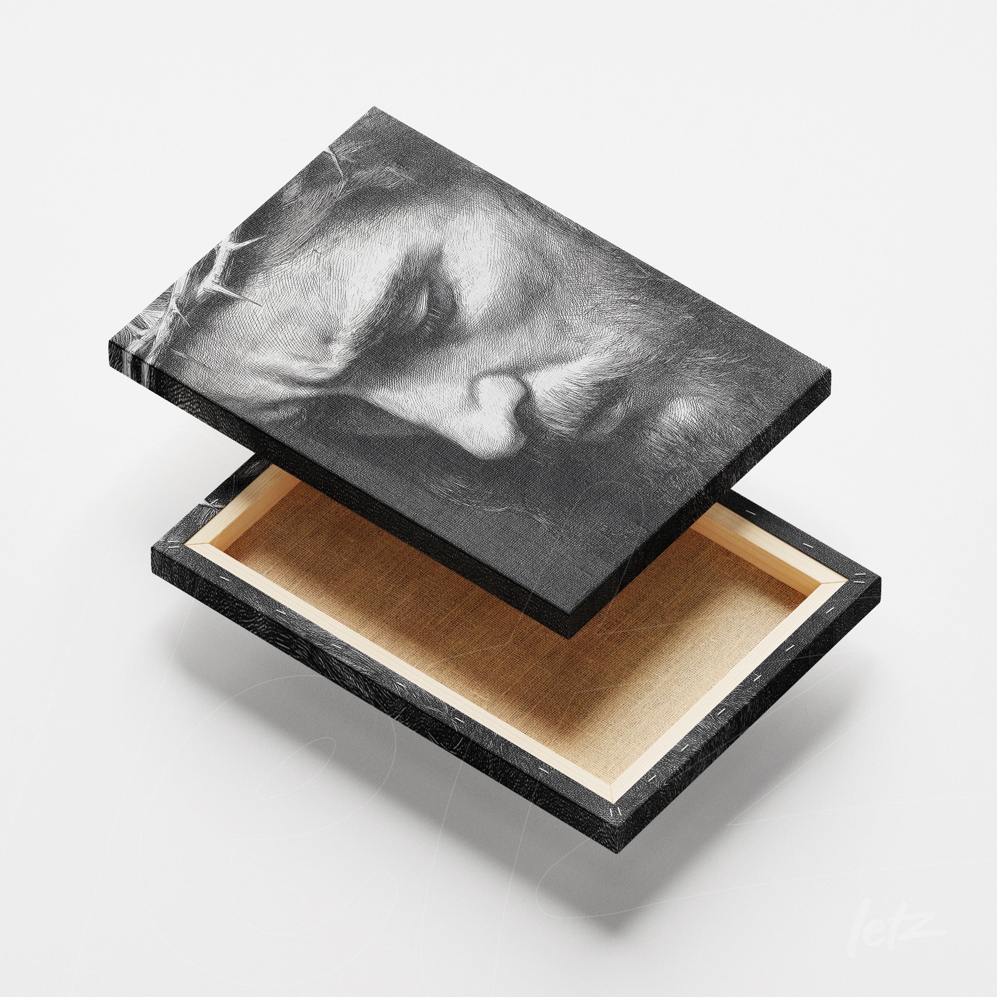 quadro com ilustração em preto e branco de um rosto masculino em moldura fina preta