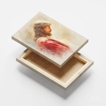 quadro em canvas com arte de Jesus com coroa de espinhos em tons neutros