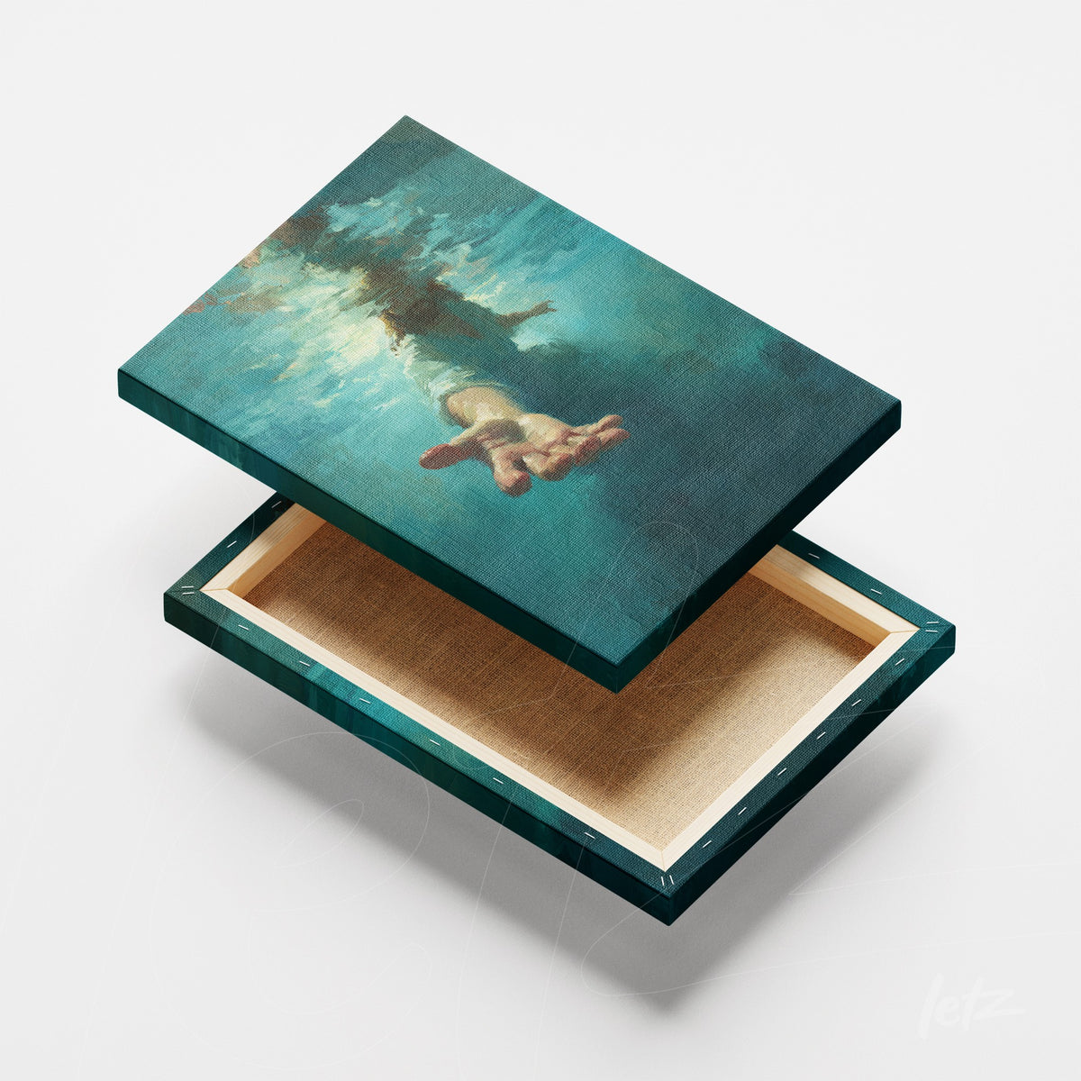 quadro em canvas com arte abstrata representando uma mão emergindo de água, moldura verde escura