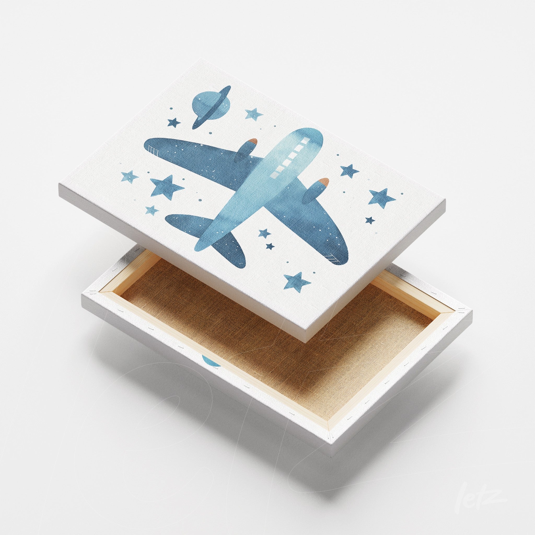 quadro em canvas com ilustração de um avião azul sobre fundo branco, decorado com estrelas e um planeta