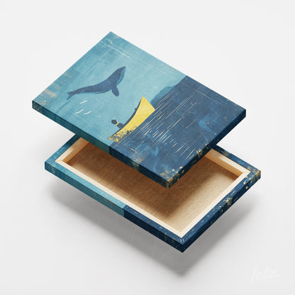 quadro moderno com ilustração de uma baleia e uma canoa amarela sobre fundo azul, moldura fina e textura lisa