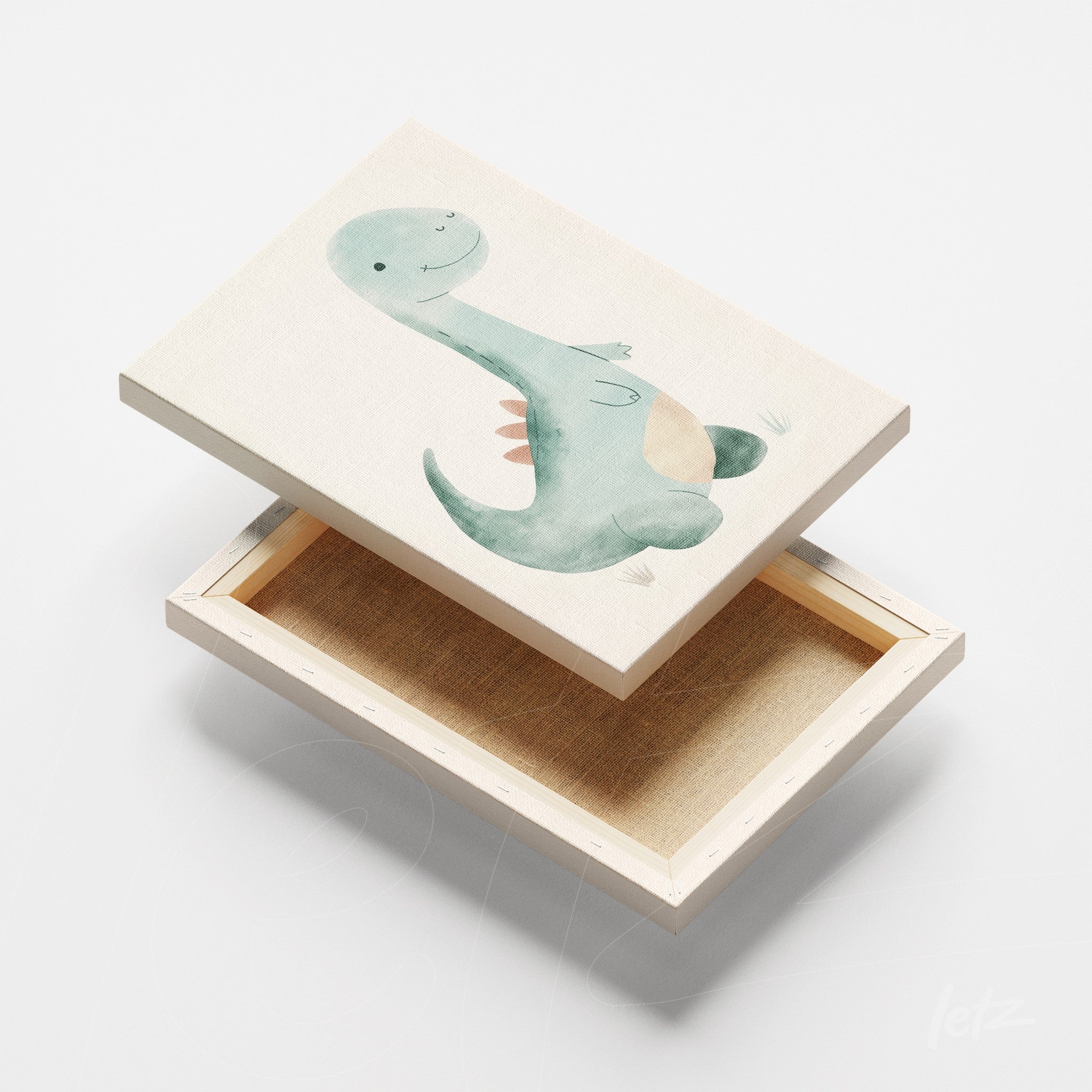quadro em canvas com ilustração de um dinossauro sorridente em fundo claro
