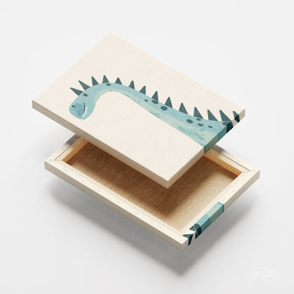 quadro em canvas com ilustração de um dinossauro azul em fundo claro