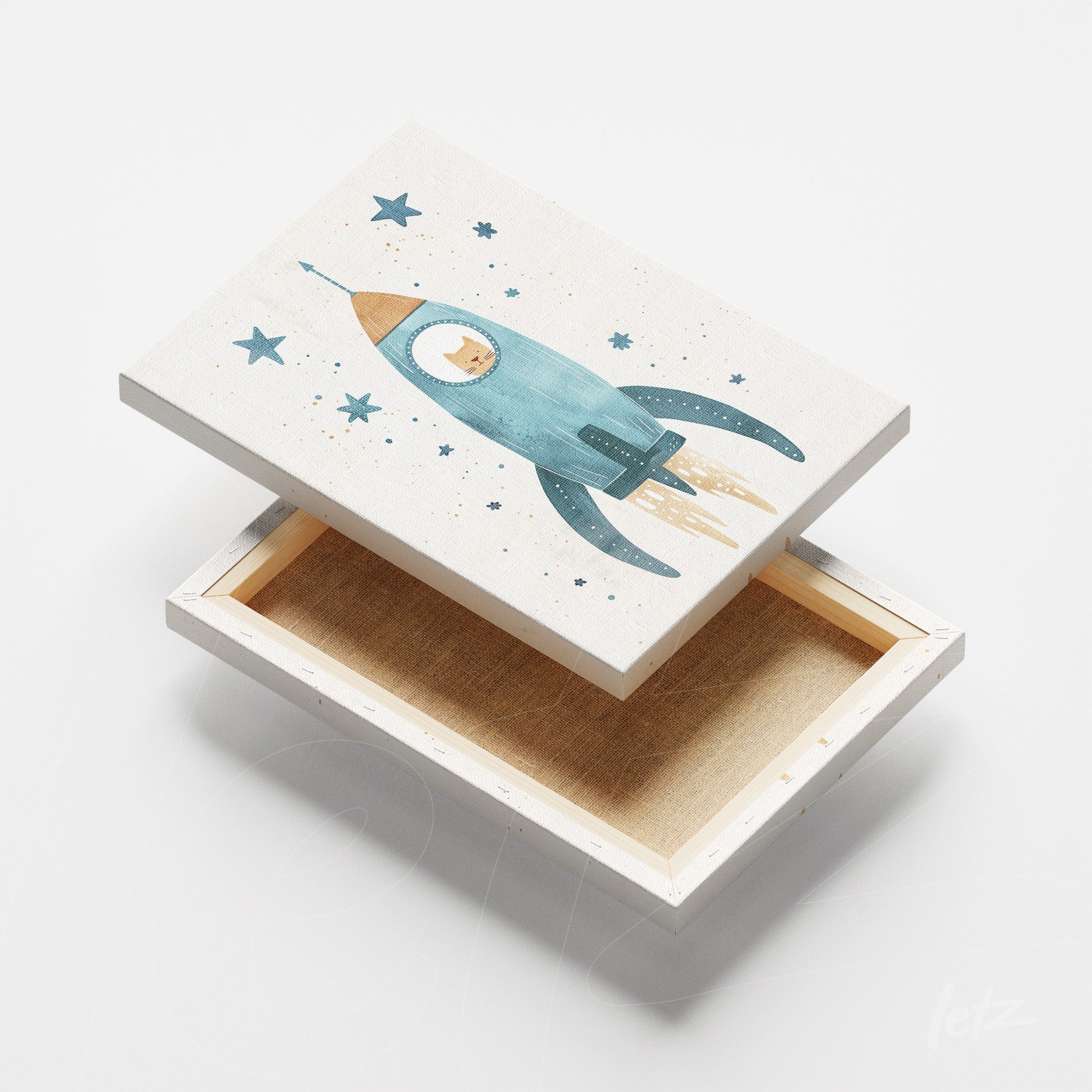 quadro em canvas com ilustração de foguete azul e stars em fundo claro