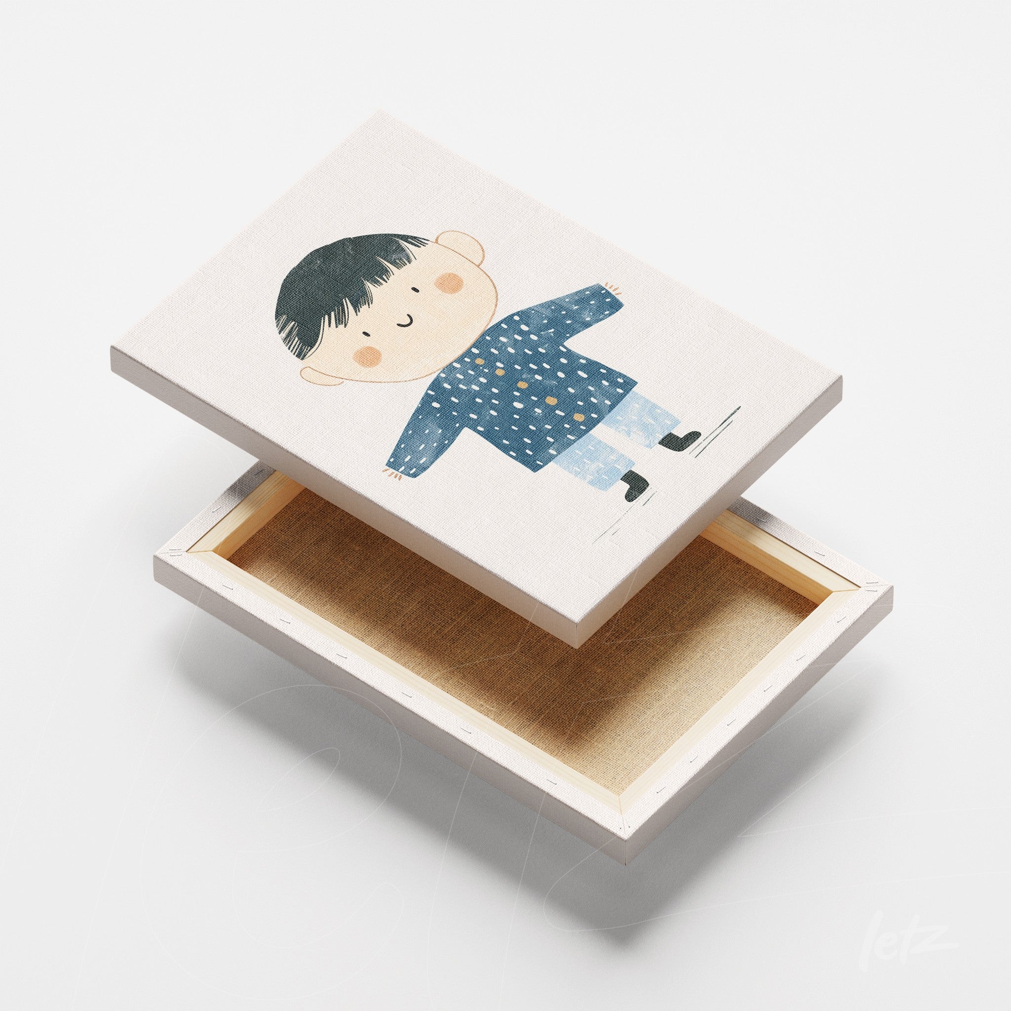quadro de arte infantil em canvas com ilustração de menino vestido em casaco azul e calças brancas sobre fundo claro