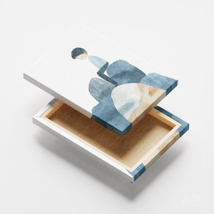 quadro canvas com ilustração em aquarela de menino sentado em pedras azuis