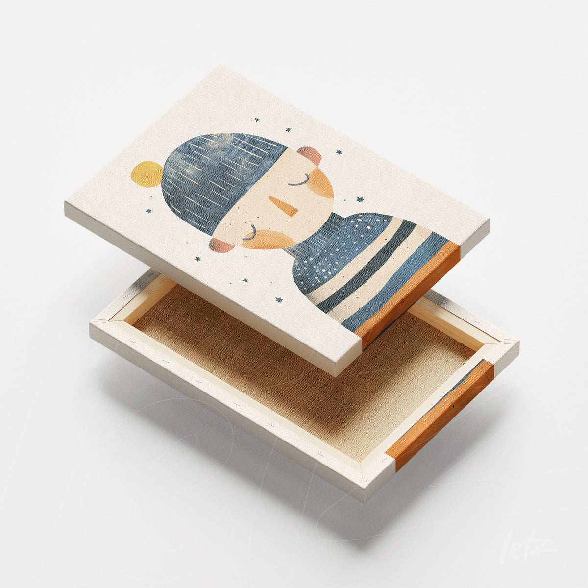 quadro em canvas com ilustração de personagem de chapéu azul e listras, moldura clara