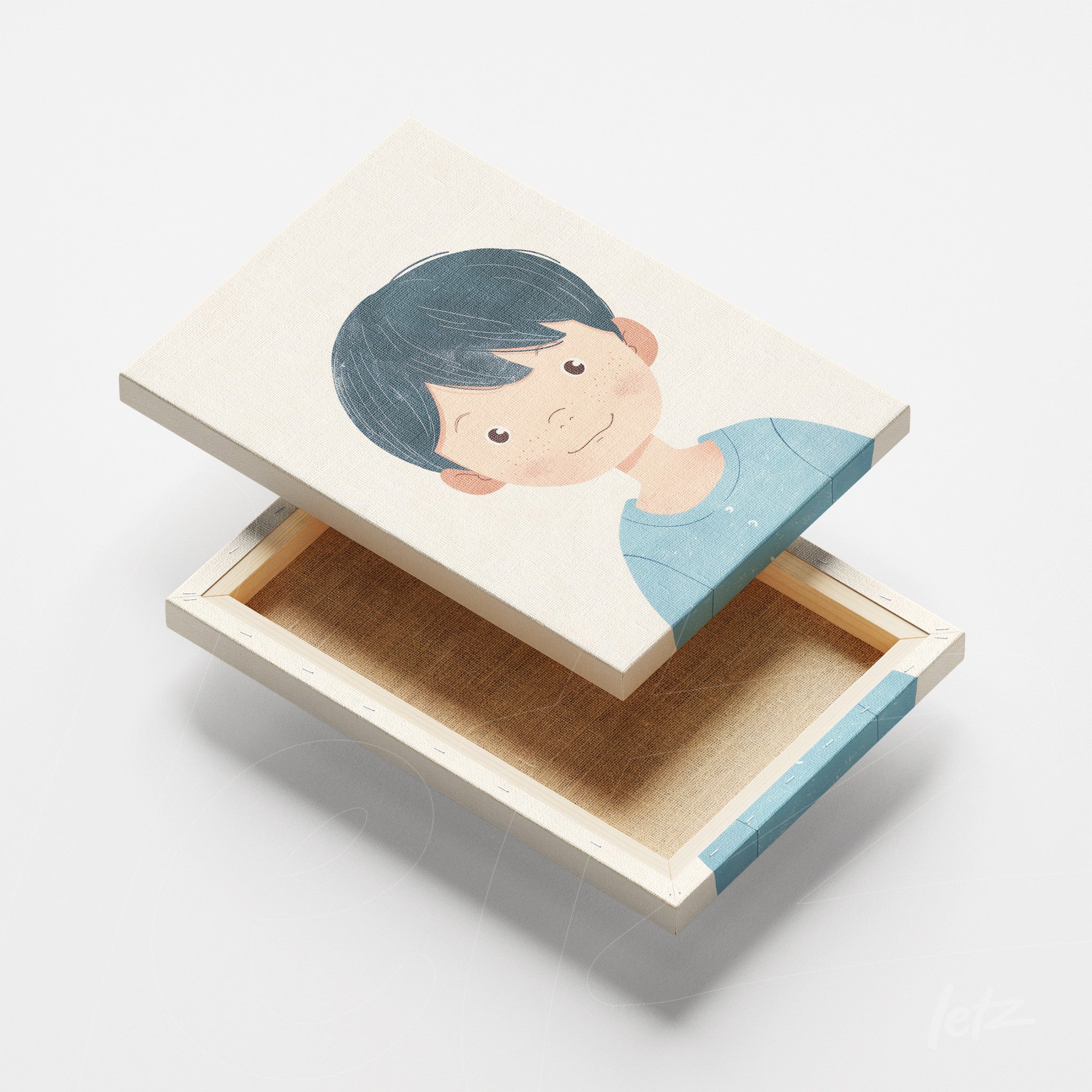 quadro em canvas com ilustração de menino com cabelo escuro e blusa azul, moldura em madeira clara