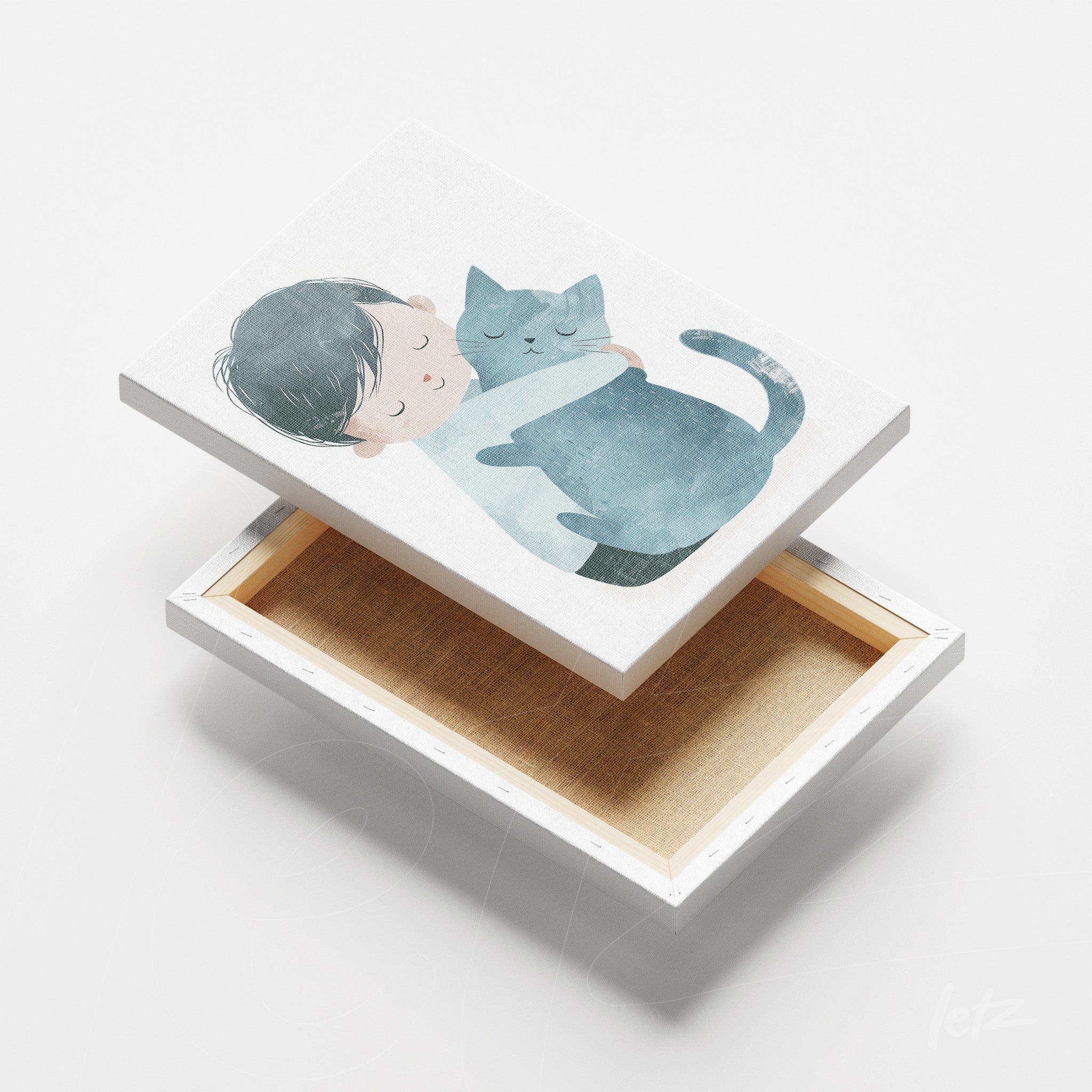 quadro em canvas com ilustração de menino abraçando um gato azul em fundo claro