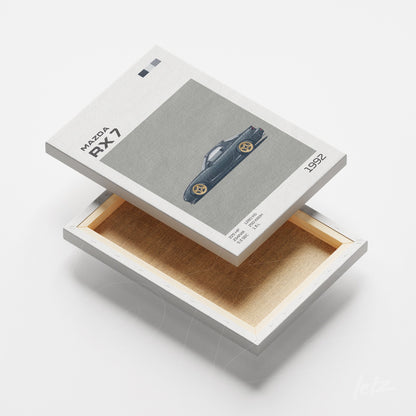 quadro em tela com ilustração vintage do carro Mazda RX7 em fundo cinza claro