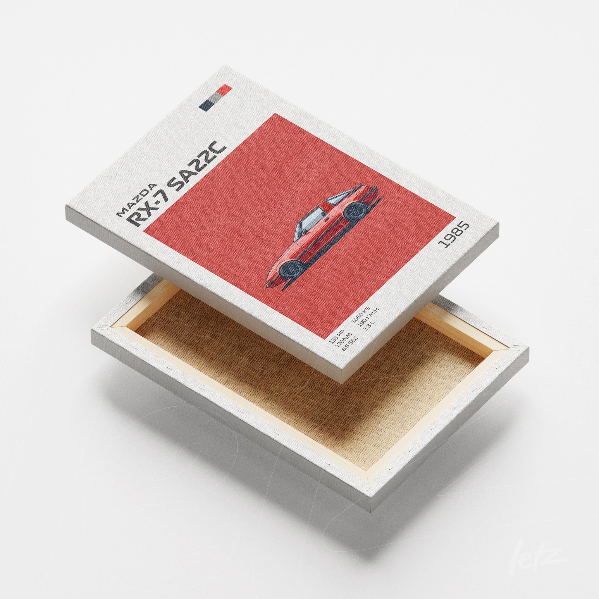 quadro com arte digital do carro Mazda RX-7 SA22C em fundo vermelho e moldura branca