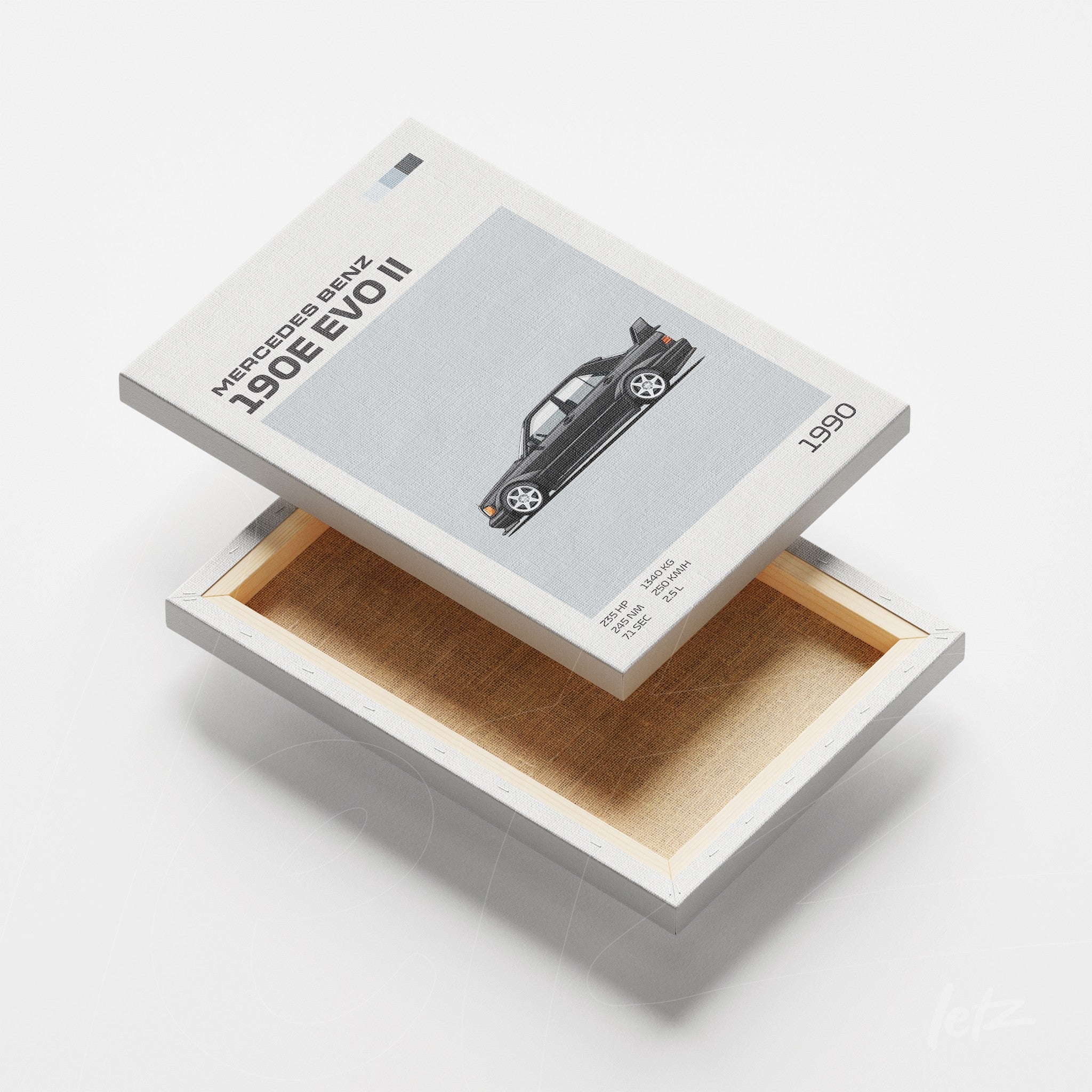 quadro em canvas destacando a ilustração de um Mercedes Benz 190E EVO II em estilo minimalista