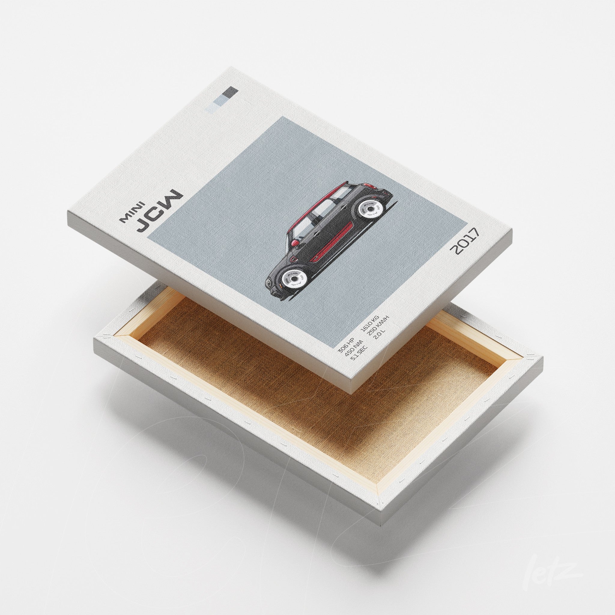 quadro em canvas exibindo ilustração do carro Mini JCW 2017 com fundo cinza claro